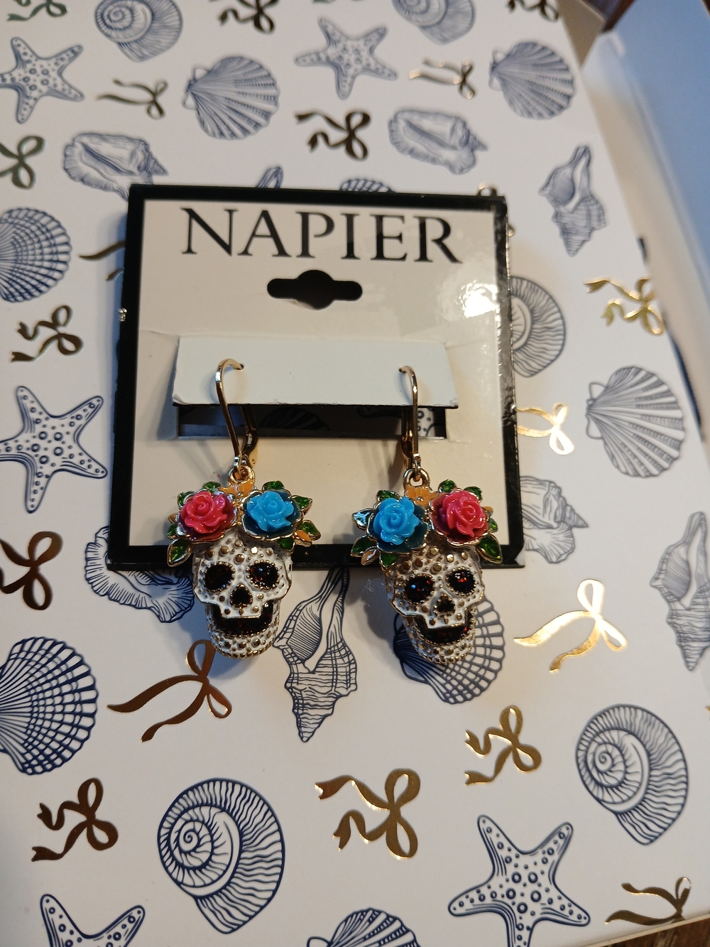 Napier Floral Skull Drop Earrings With Matching Brooch with Blue & Pink Roses